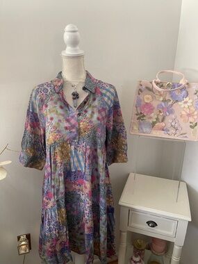 NATURAL LIFE Pastel Floral Patchwork Tunic Dress - Pink, Blue, Lavender, Green